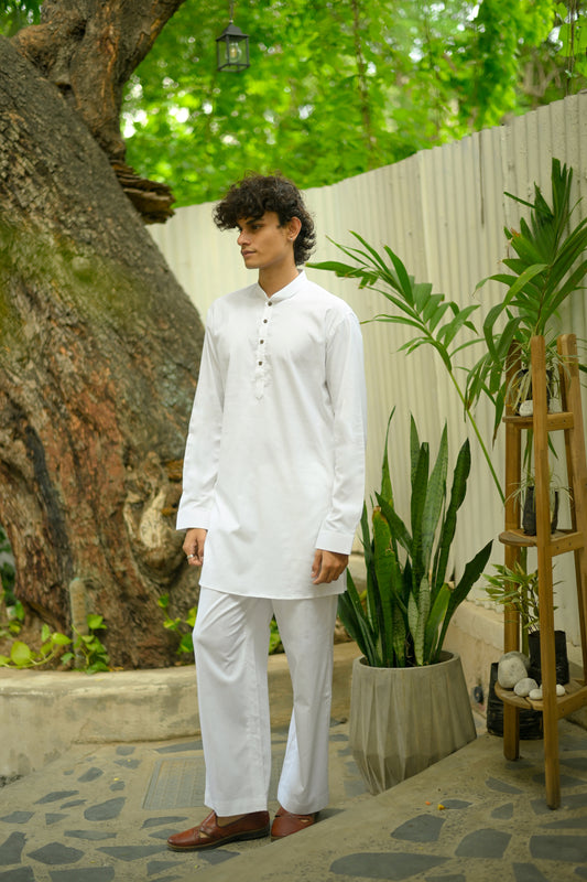 White Linen Blend Short Kurta Set