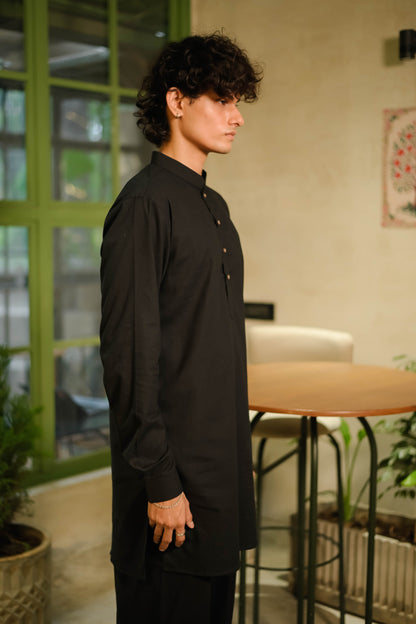 Black Linen Blend Short Kurta Set