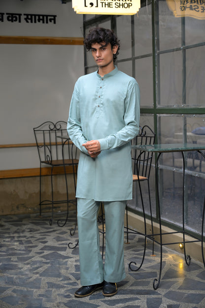 Pista Linen Blend Short Kurta Set