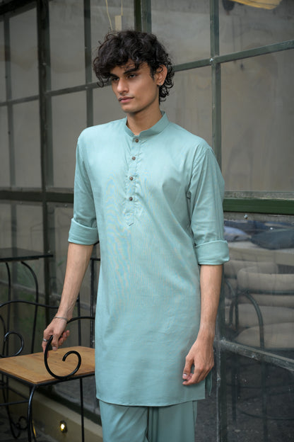 Pista Linen Blend Short Kurta Set