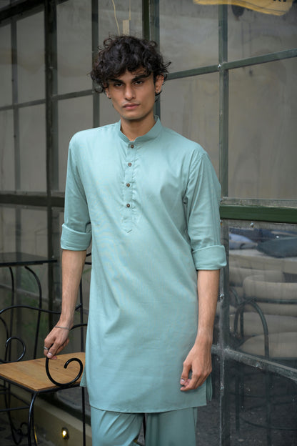 Pista Linen Blend Short Kurta Set