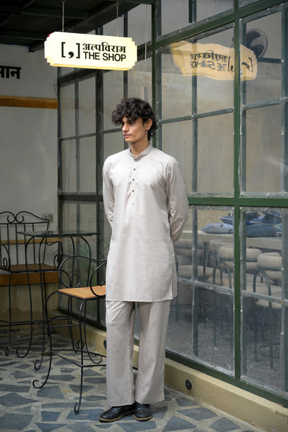 Grey Linen Blend Short Kurta Set