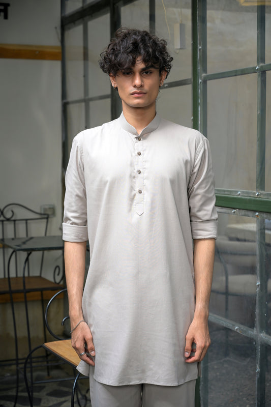 Grey Linen Blend Short Kurta Set