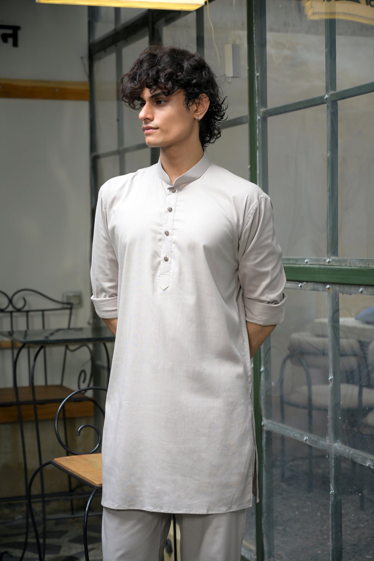 Grey Linen Blend Short Kurta Set