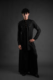 Classic Black Linen Blend Pathani Suit with Flared Pants