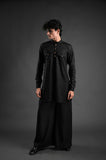 Classic Black Linen Blend Pathani Suit with Flared Pants