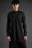 Classic Black Linen Blend Pathani Suit with Flared Pants