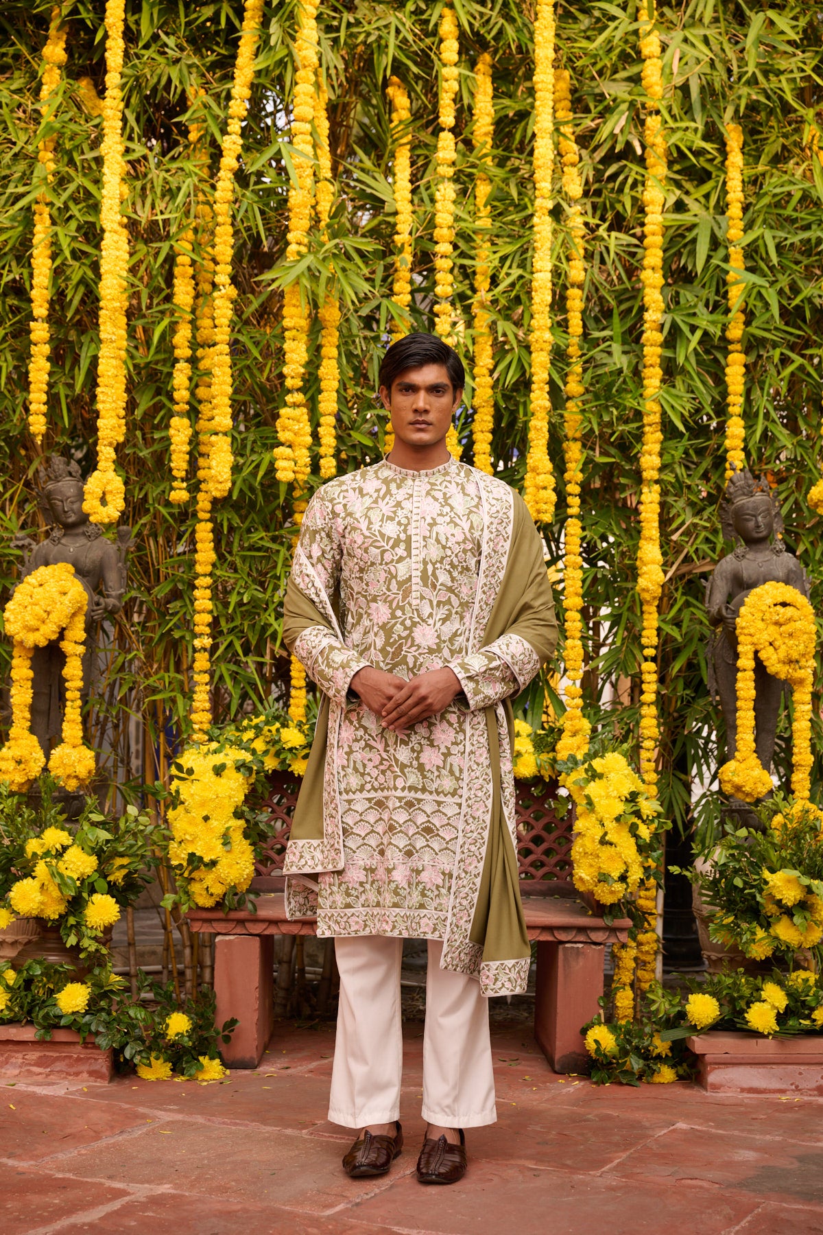 Olive Festive Kurta Set with Dupatta