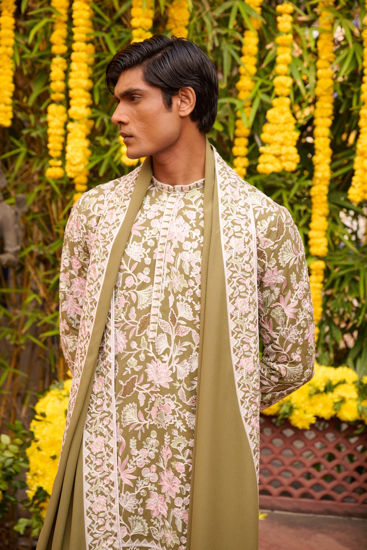 Olive Festive Kurta Set with Dupatta