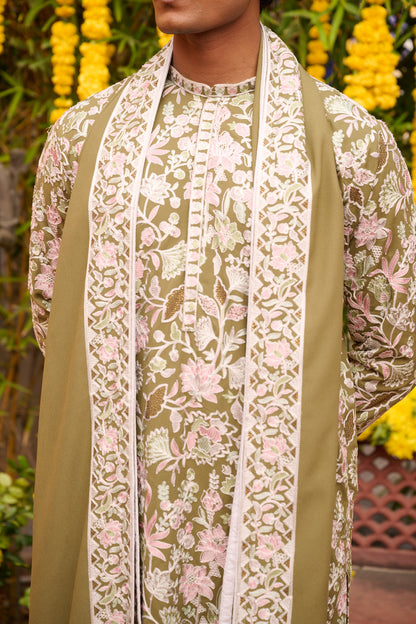 Olive Festive Kurta Set with Dupatta