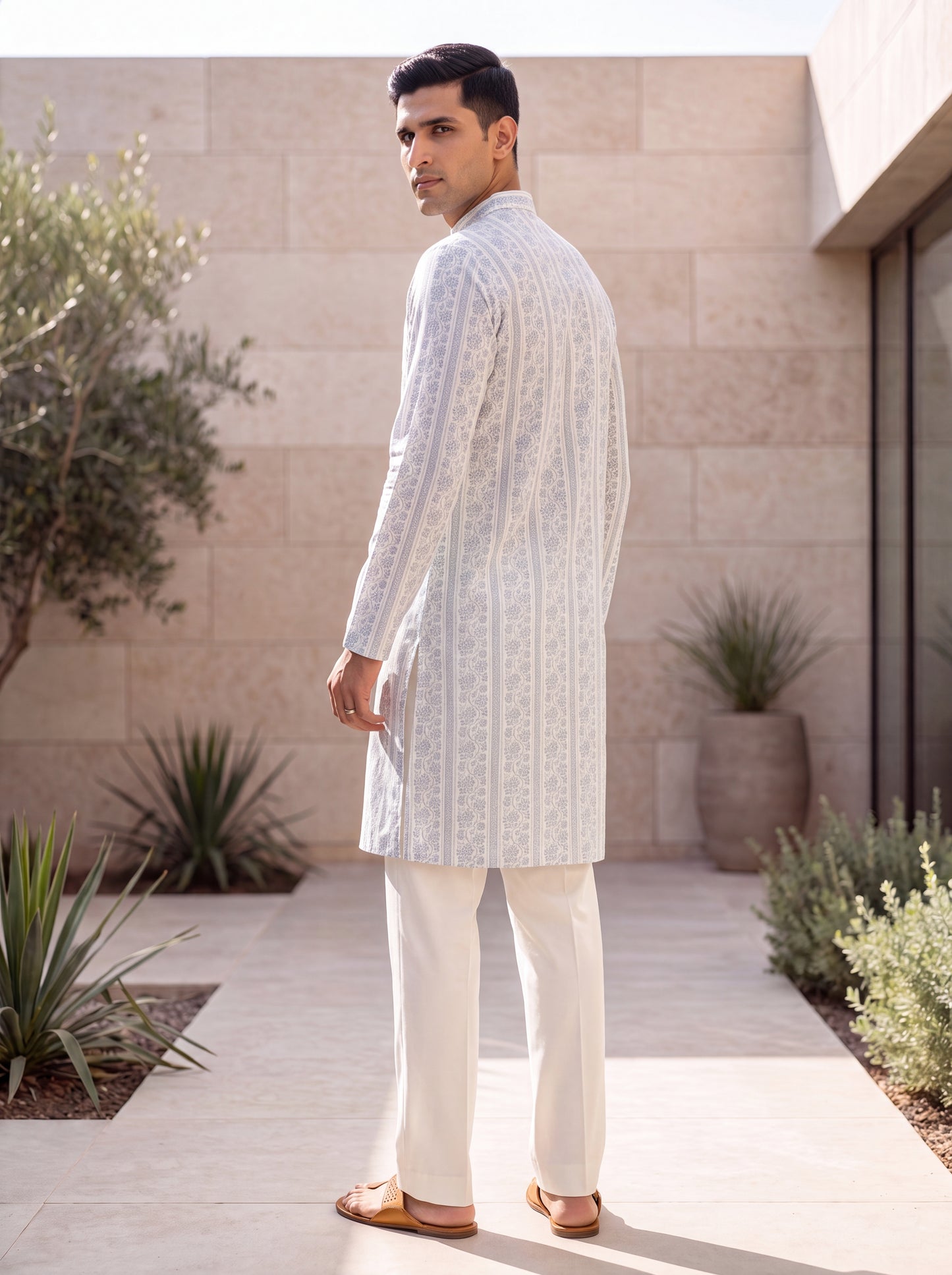 Light Blue Cotton Straight Cut Long Kurta Set with Printed Design