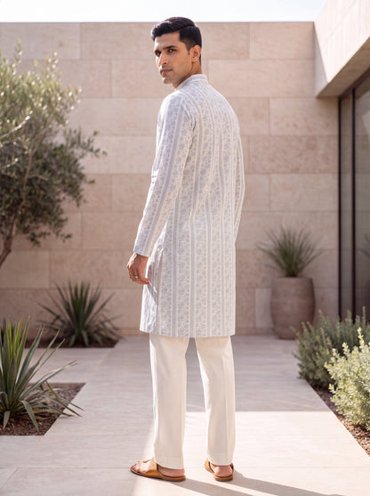 Light Blue Cotton Straight Cut Long Kurta Set with Printed Design