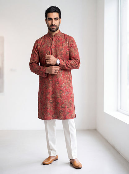 Red Silk Straight Cut Long Kurta Set with Sequin Work