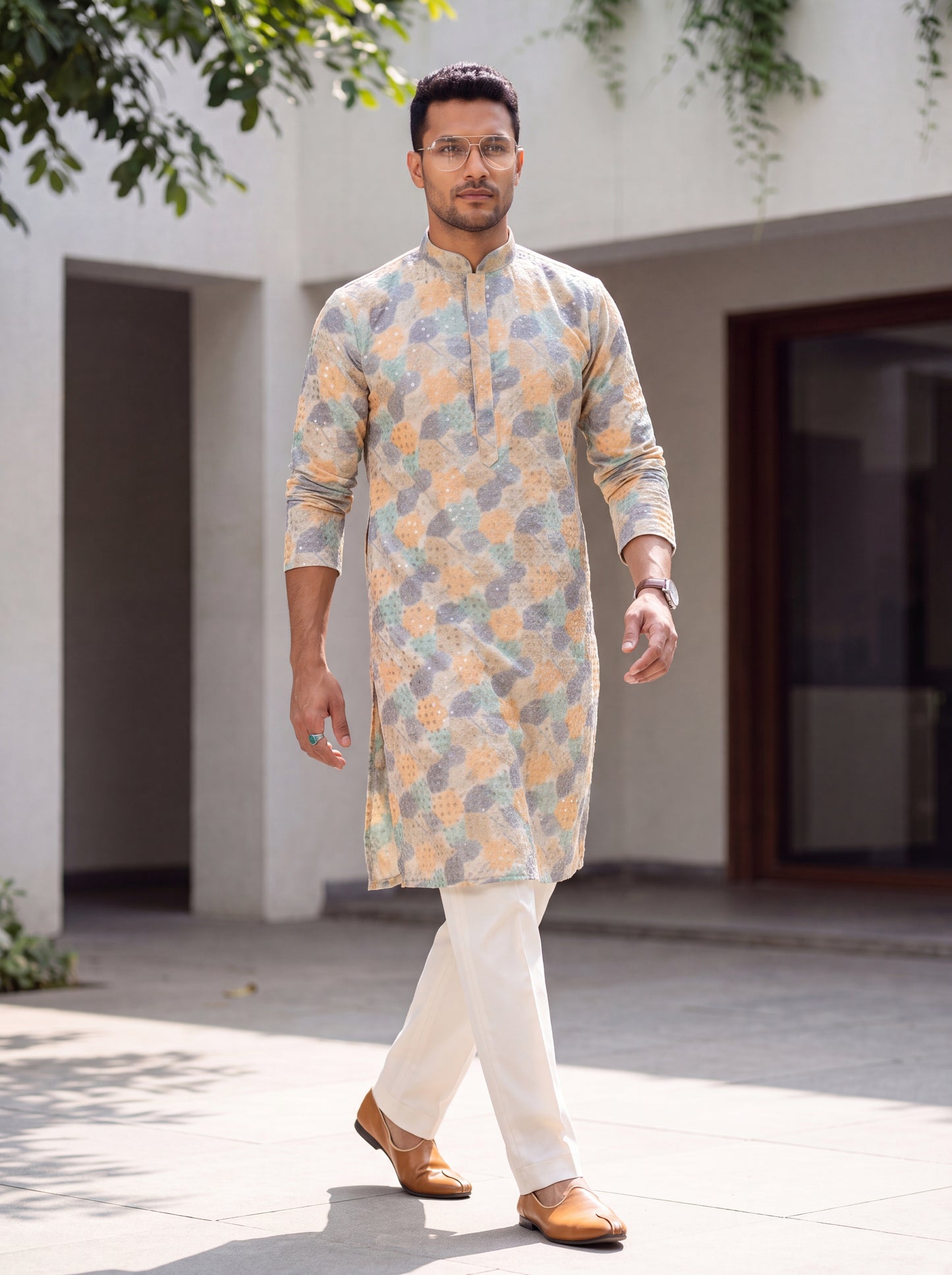 Multicolour Rayon Straight Cut Long Kurta Set with Sequin Work