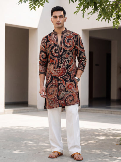 Black Natural Crepe Short Kurta Set with Jari Embroidery