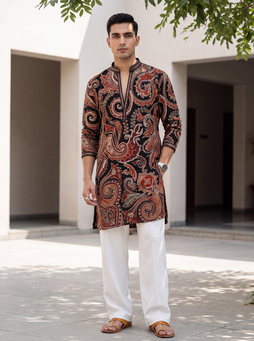 Black Natural Crepe Short Kurta Set with Jari Embroidery