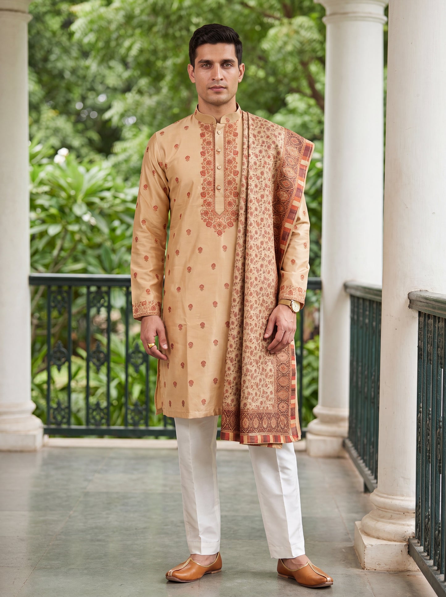 Multicolour Jacquard Straight Cut Long Kurta Set with Zari Work