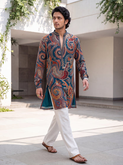 Teal Blue Natural Crepe Short Kurta Set with Jari Embroidery