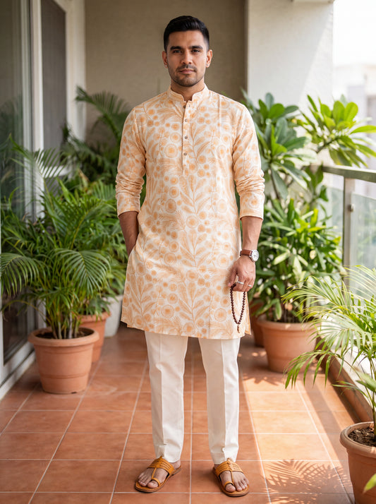 Multicolour Cotton Straight Cut Long Kurta Set with Printed Design