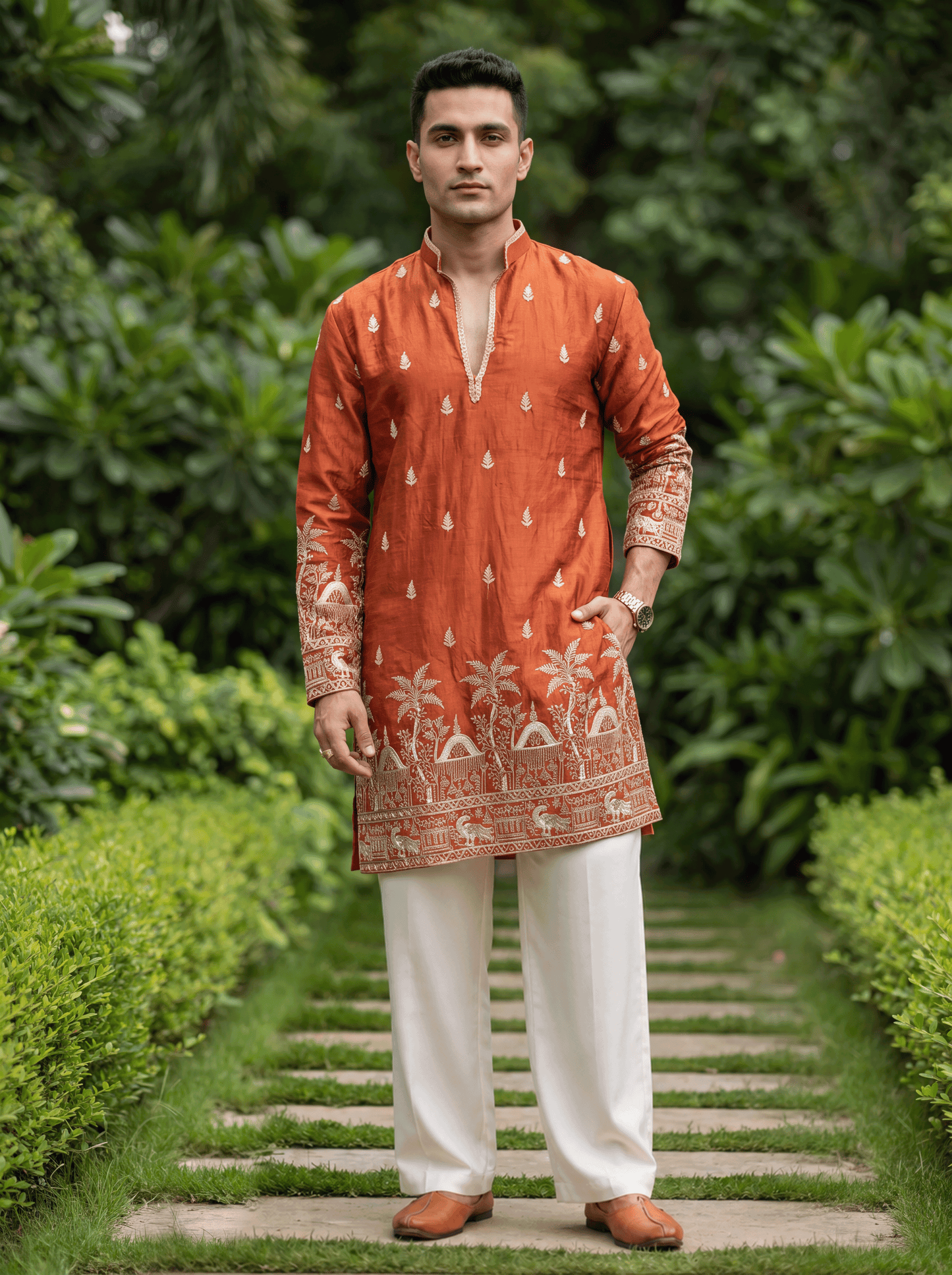 Orange Satin Fancy Short Kurta Set with Zari Embroidery