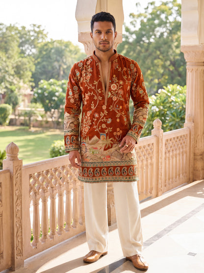Rust Short Kurta Set with Jari Embroidery