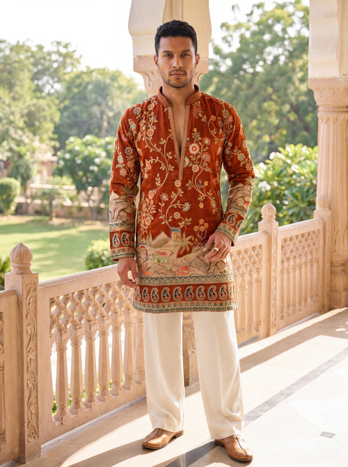 Rust Short Kurta Set with Jari Embroidery
