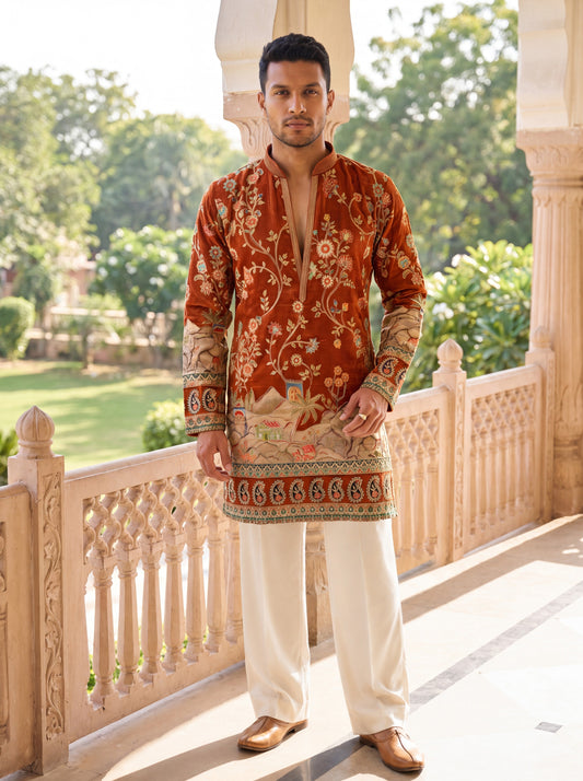 Rust Short Kurta Set with Jari Embroidery