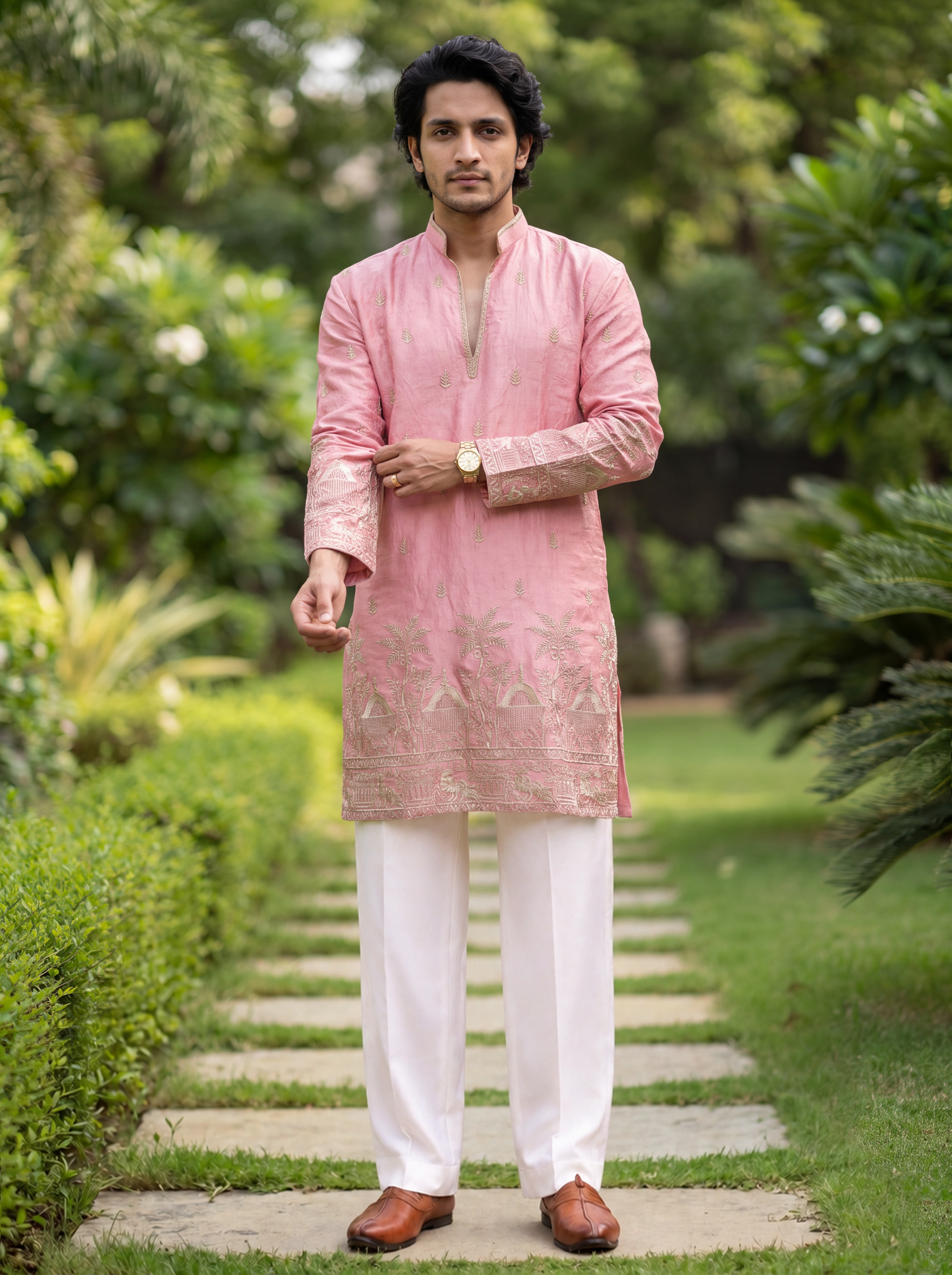 Light Pink Satin Fancy Short Kurta Set with Zari Embroidery