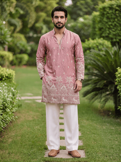 Onion Pink Satin Fancy Short Kurta Set with Zari Embroidery