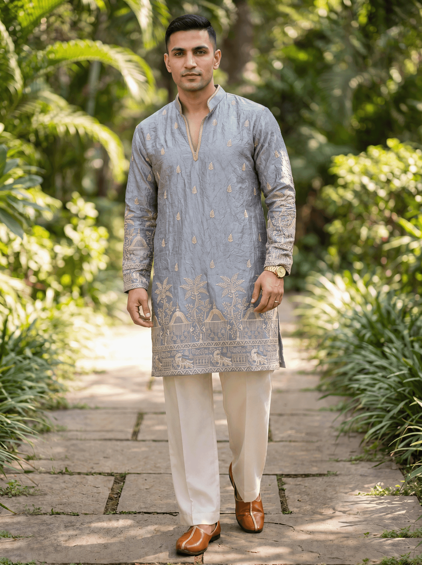 Grey Satin Fancy Short Kurta Set with Zari Embroidery