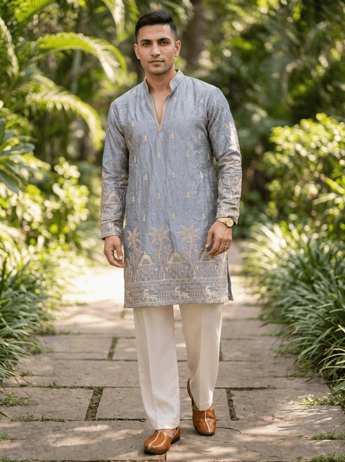 Grey Satin Fancy Short Kurta Set with Zari Embroidery
