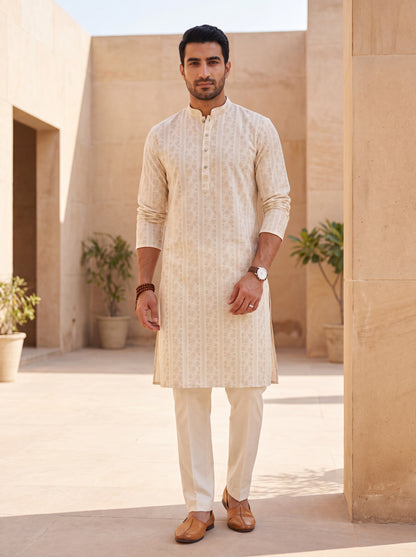 Off White Cotton Straight Cut Long Kurta Set with Printed Design