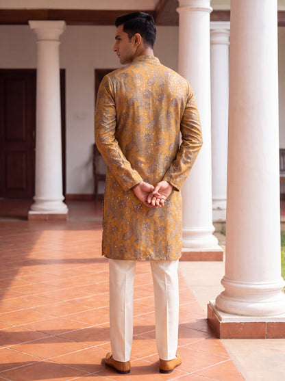 Yellow Silk Straight Cut Long Kurta Set with Sequin Work