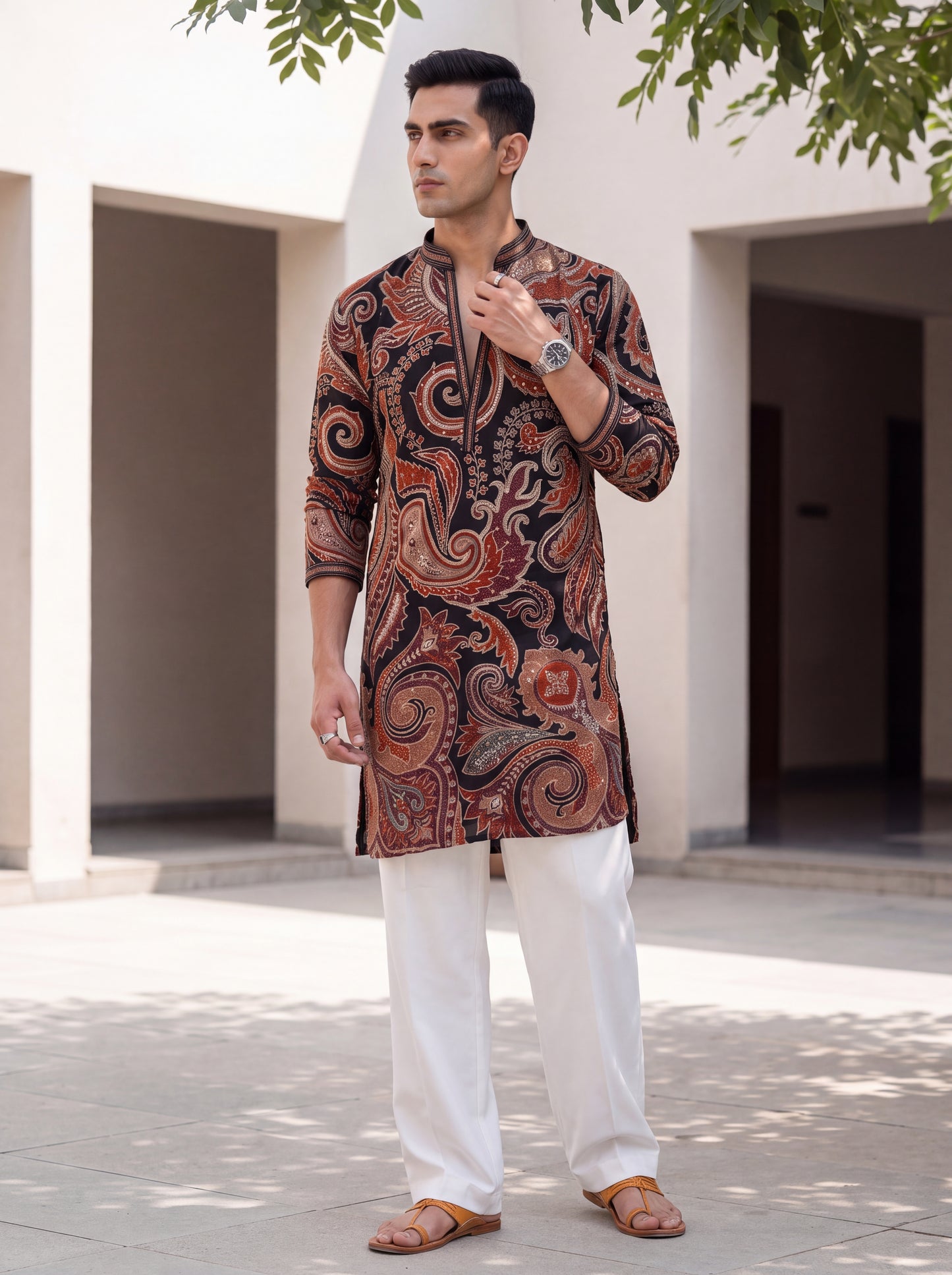 Black Natural Crepe Short Kurta Set with Jari Embroidery
