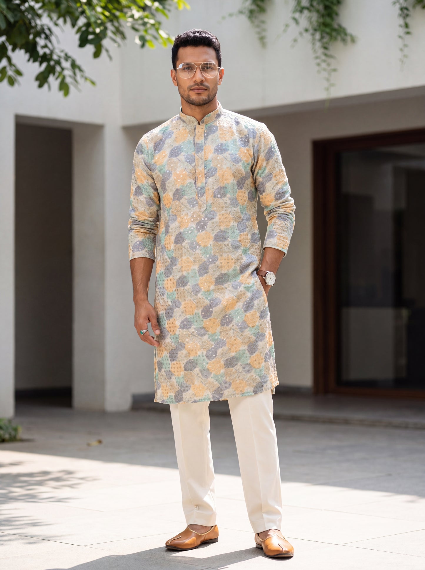 Multicolour Rayon Straight Cut Long Kurta Set with Sequin Work