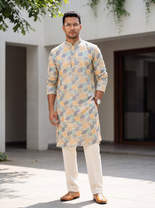 Multicolour Rayon Straight Cut Long Kurta Set with Sequin Work