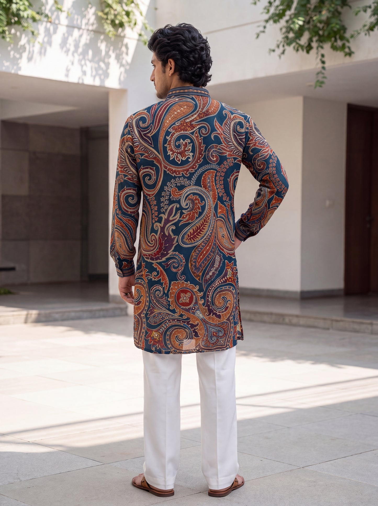Teal Blue Natural Crepe Short Kurta Set with Jari Embroidery