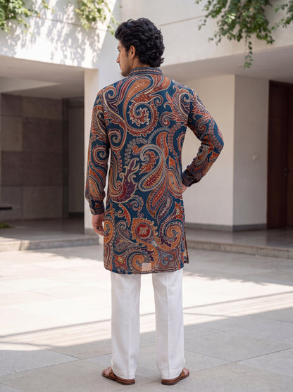 Teal Blue Natural Crepe Short Kurta Set with Jari Embroidery