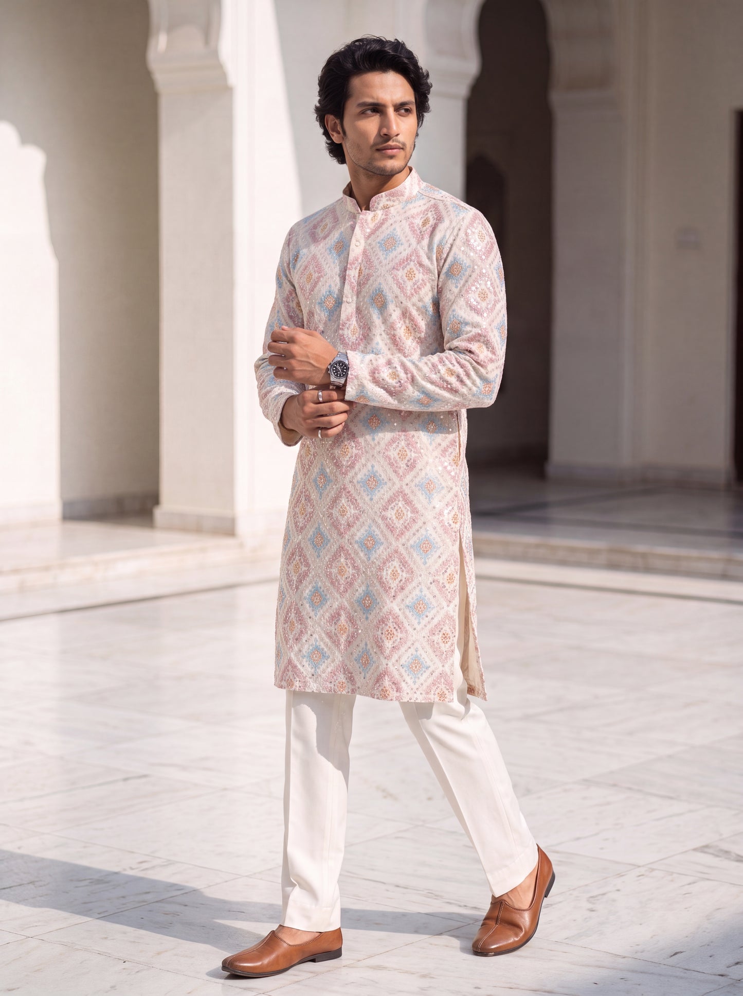 Multicolour Rayon Straight Cut Long Kurta Set with Sequin Work