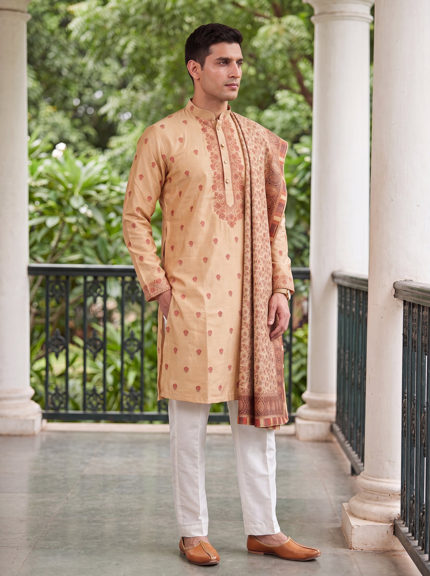 Multicolour Jacquard Straight Cut Long Kurta Set with Zari Work