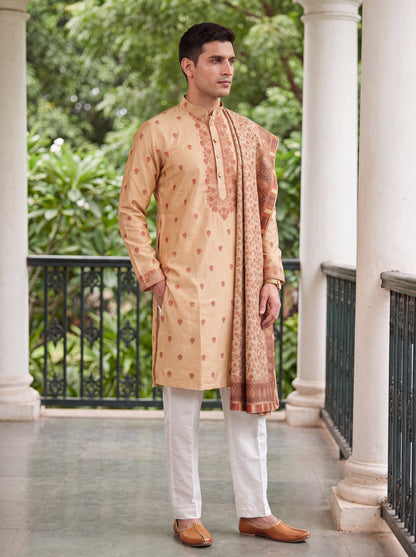 Multicolour Jacquard Straight Cut Long Kurta Set with Zari Work
