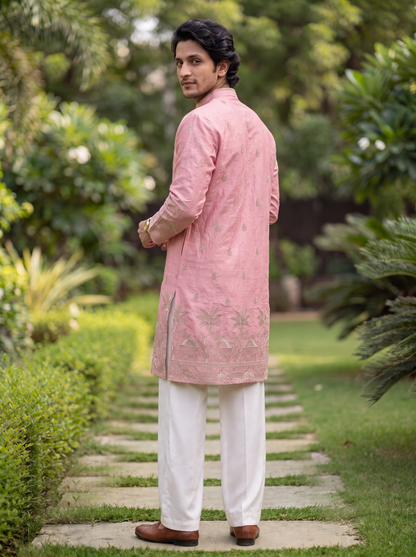 Light Pink Satin Fancy Short Kurta Set with Zari Embroidery
