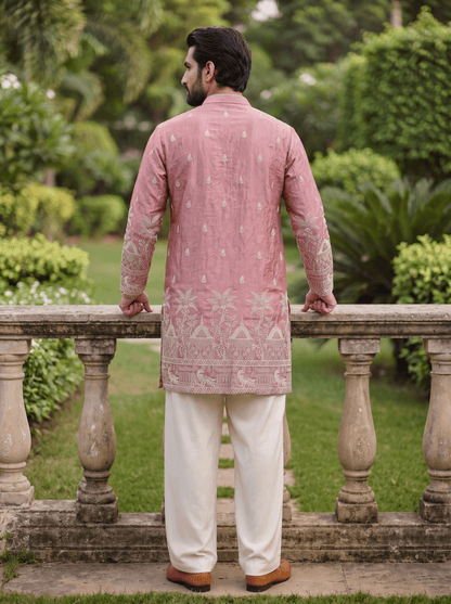 Onion Pink Satin Fancy Short Kurta Set with Zari Embroidery