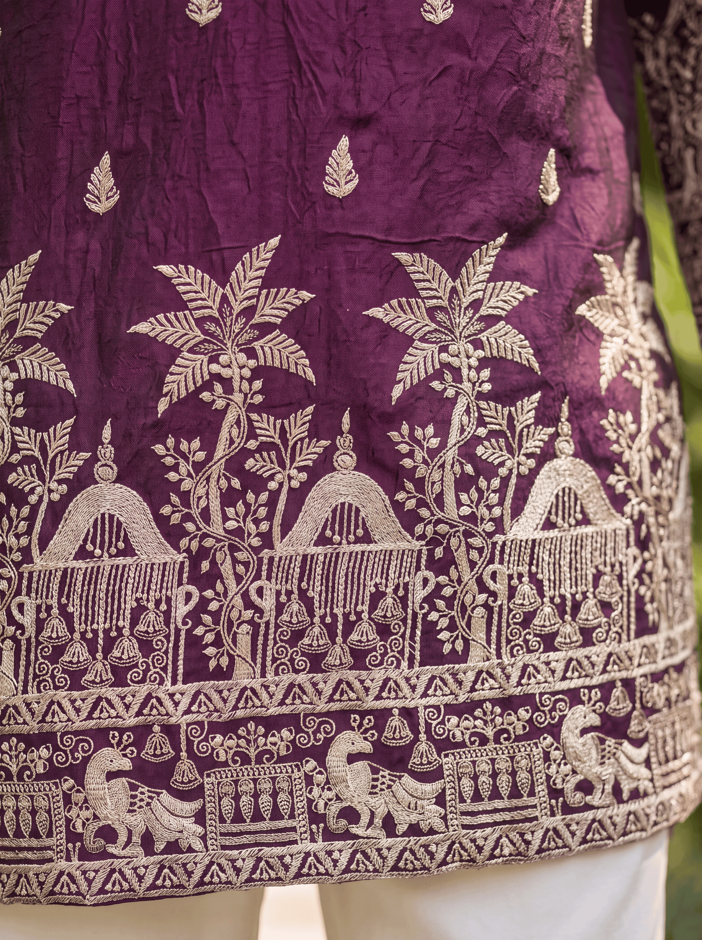Wine Satin Fancy Short Kurta Set with Zari Embroidery