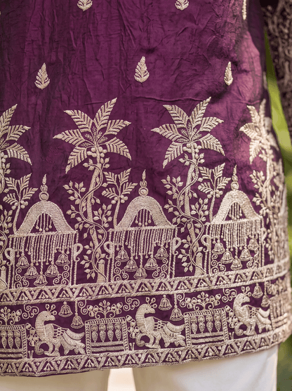 Wine Satin Fancy Short Kurta Set with Zari Embroidery