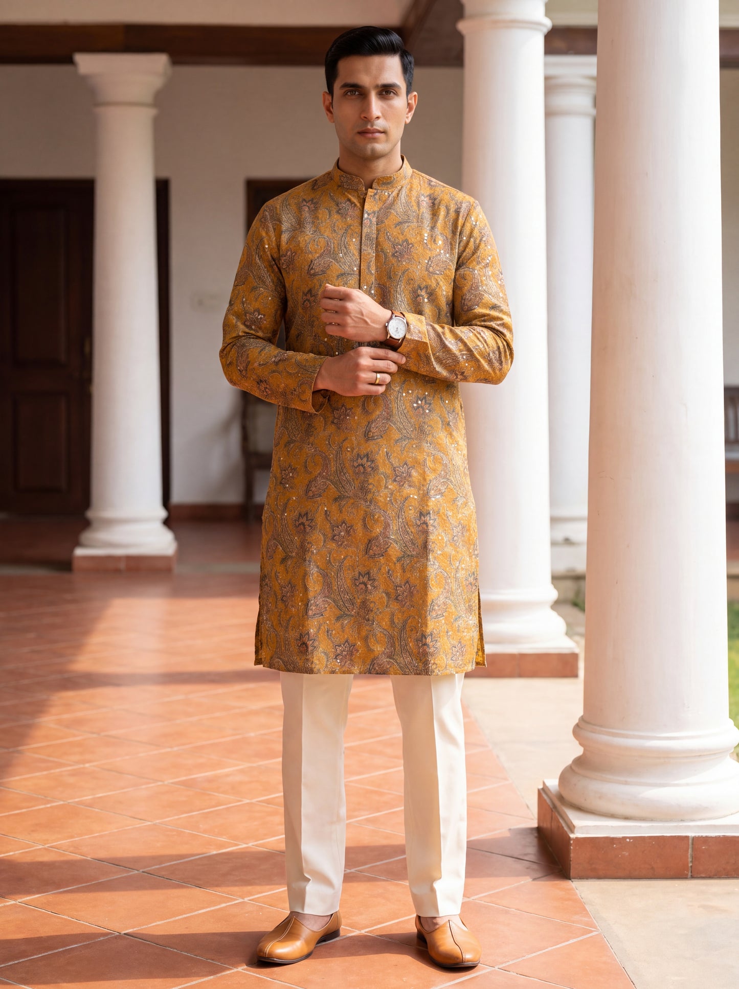 Yellow Silk Straight Cut Long Kurta Set with Sequin Work