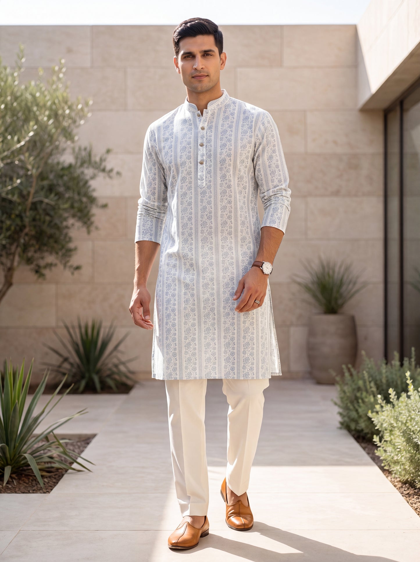 Light Blue Cotton Straight Cut Long Kurta Set with Printed Design
