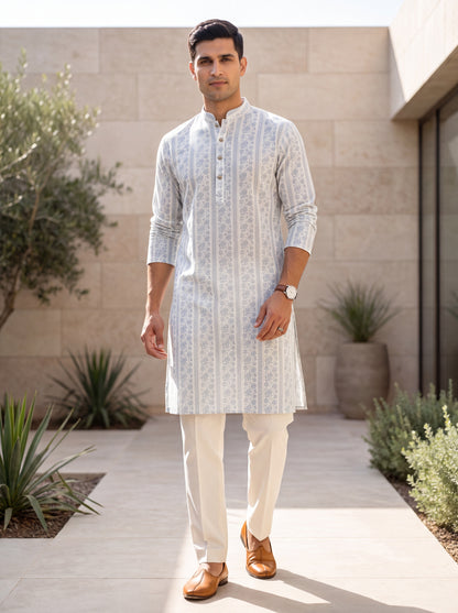 Light Blue Cotton Straight Cut Long Kurta Set with Printed Design