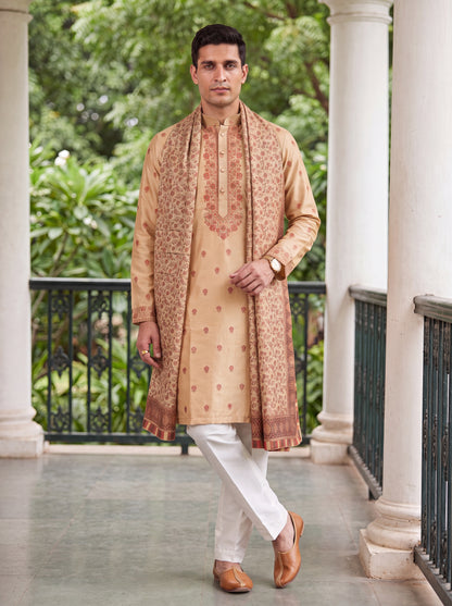 Multicolour Jacquard Straight Cut Long Kurta Set with Zari Work
