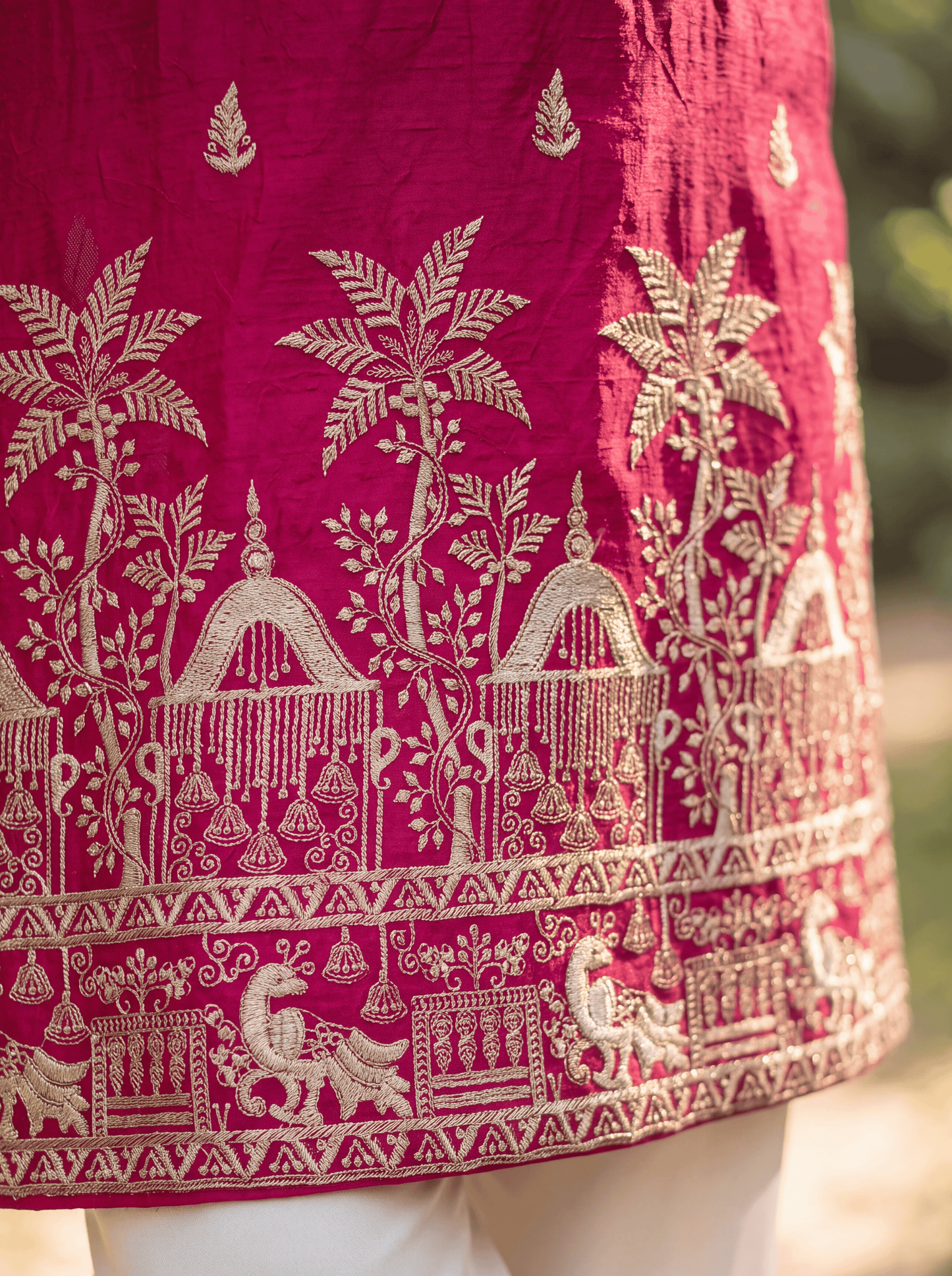 Red Pink Satin Fancy Short Kurta Set with Zari Embroidery